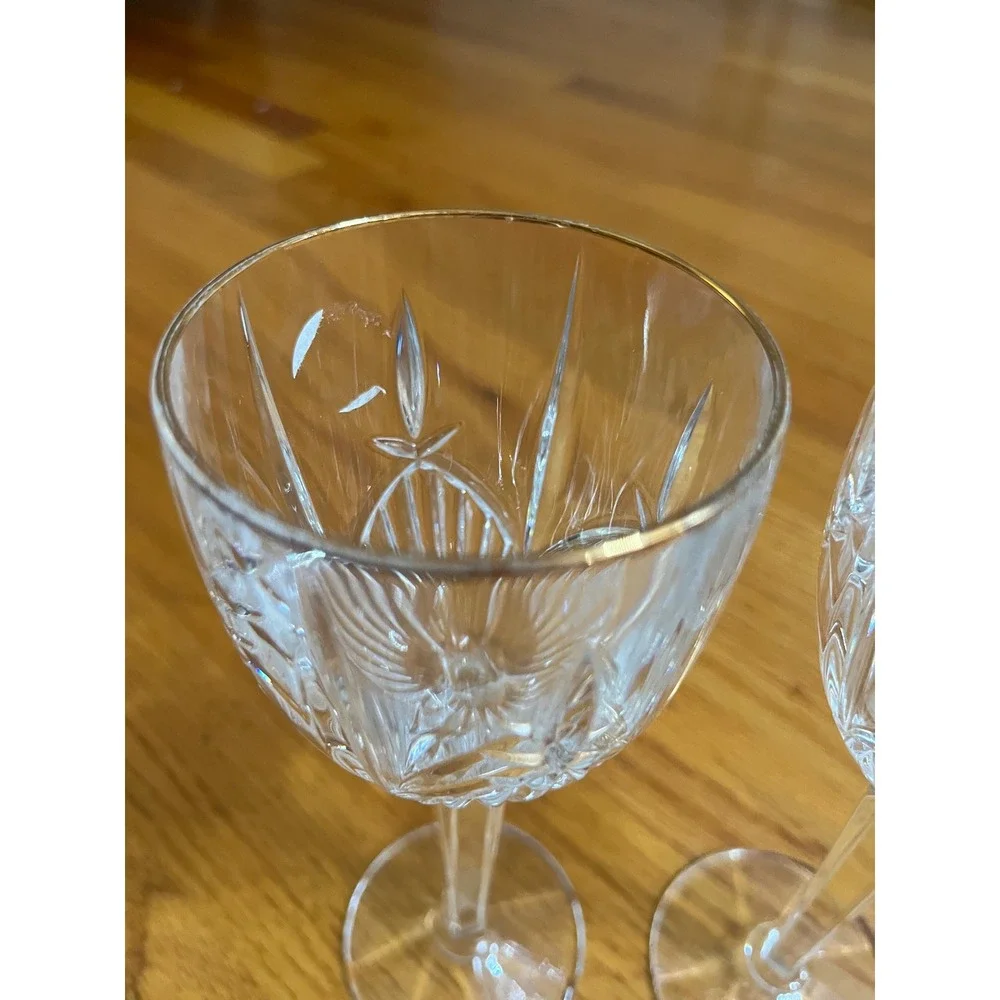 Vintage Lead Crystal Wine Glasses Gold Rim Starburst Cut Glass Stemware Set of 2